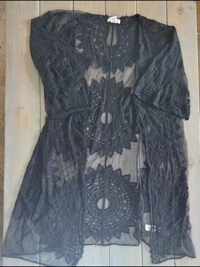 Rachel Zoe Black Lace Kimono Sheer Crochet Open Front Boho Cover Up One Size